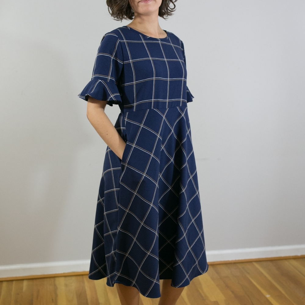 Navy Windowpane Print Midi Dress